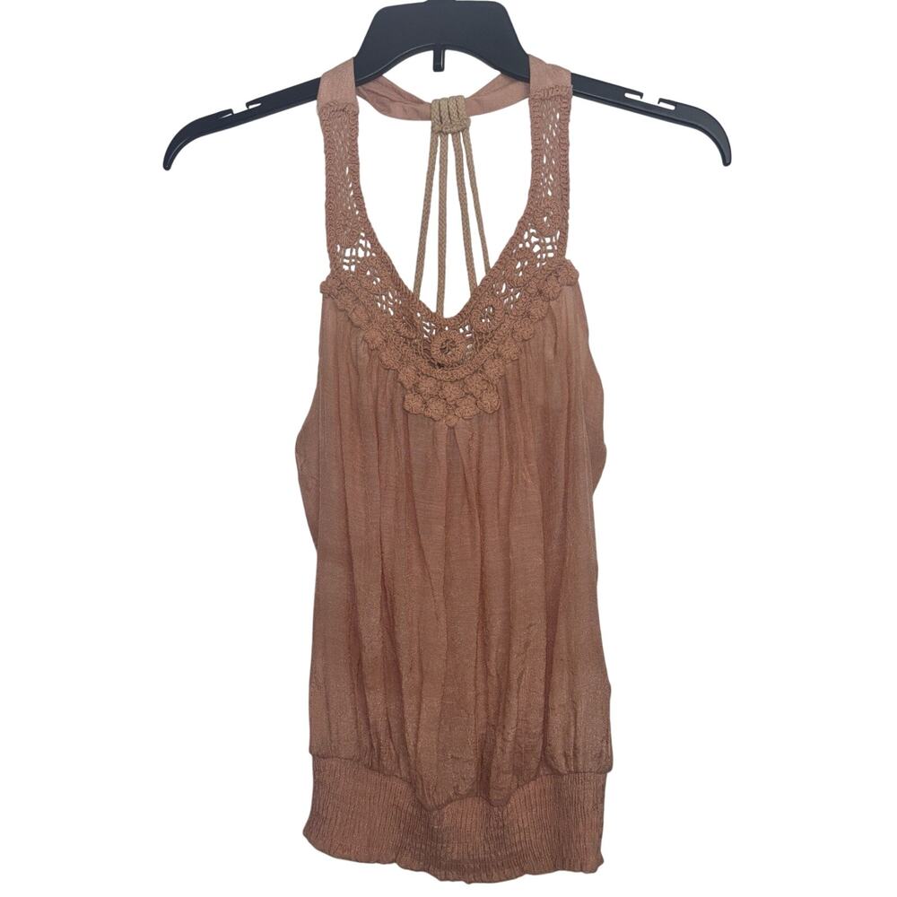 Y2K Boho Crochet Knit Halter Tank Braided Straps Festival Indie Sleaze S